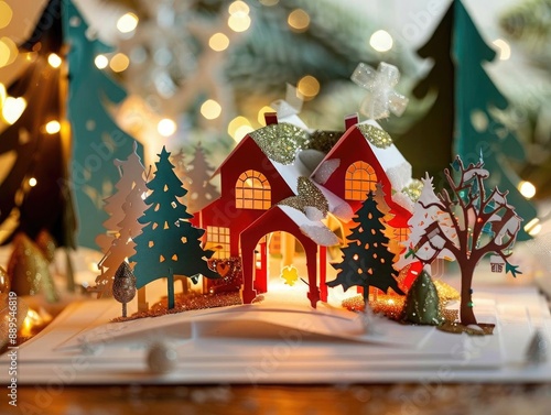 Christmas card with a pop-up design, showcasing a 3D festive scene inside