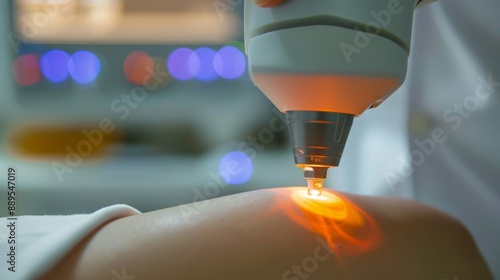 A close-up shot of a laser hair removal device being used on a patient's arm, the bright orange light from the device illuminates the skin. photo