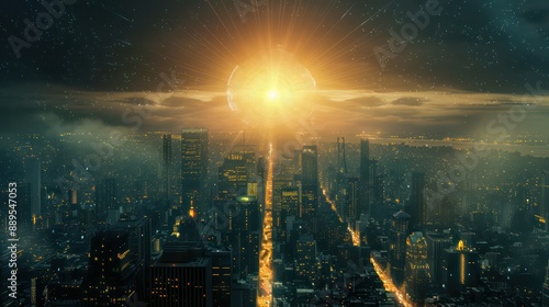 A cityscape with a bright yellow sun in the sky