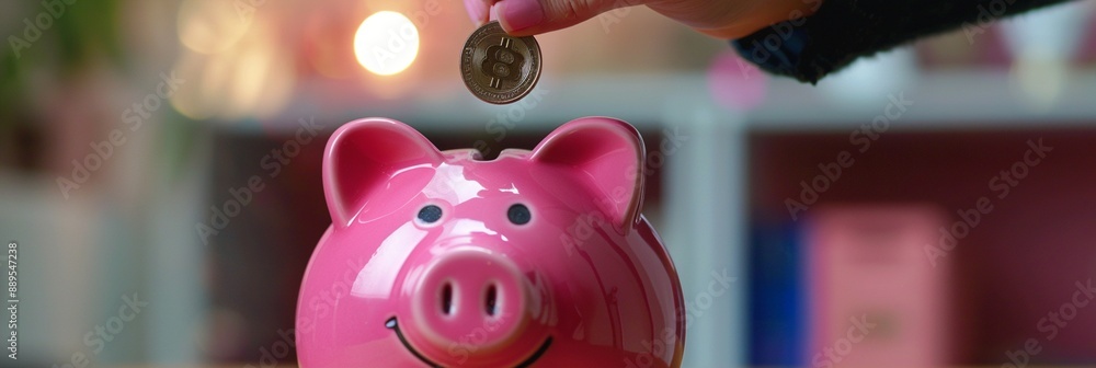 A hand drops a coin into a bright pink piggy bank, symbolizing savings and financial planning. The piggy bank smiles, encouraging thrift. Banner A hand drops a coin into a bright pink piggy bank, symbolizing savings and financial planning. The piggy bank smiles, encouraging thrift. Banner