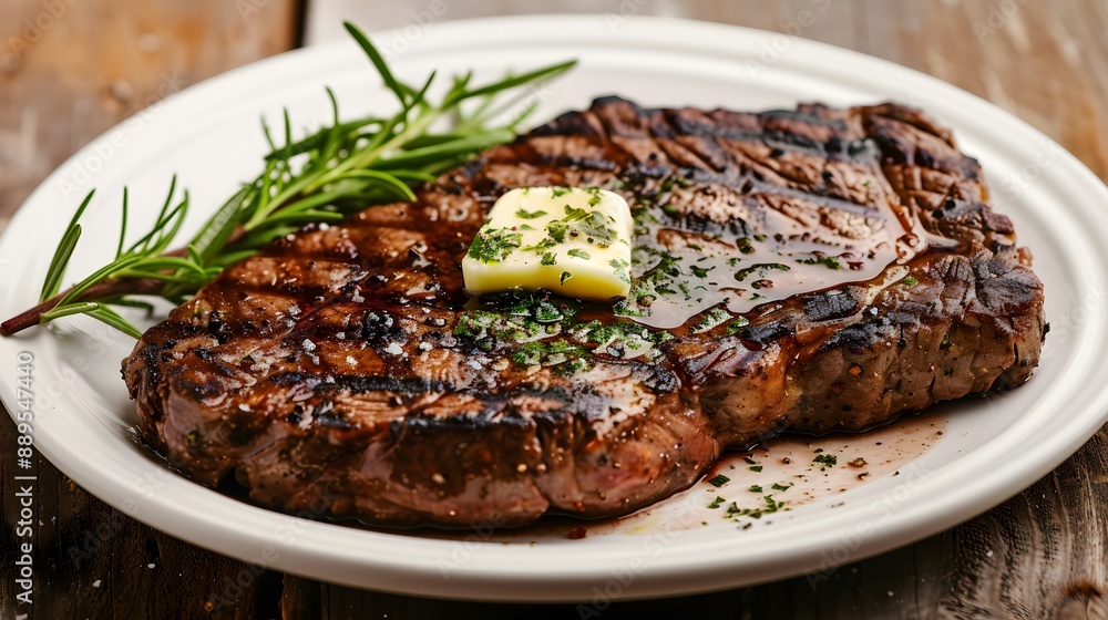 A juicy perfectly grilled ribeye steak with char marks with fresh rosemary and a pat of herb butter on wooden table. A juicy perfectly grilled ribeye steak with char marks with fresh rosemary and a pat of herb butter on wooden table.