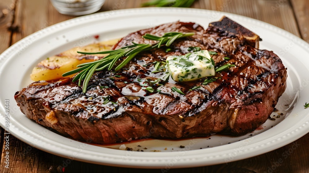 A juicy perfectly grilled ribeye steak with char marks with fresh rosemary and a pat of herb butter on wooden table. A juicy perfectly grilled ribeye steak with char marks with fresh rosemary and a pat of herb butter on wooden table.