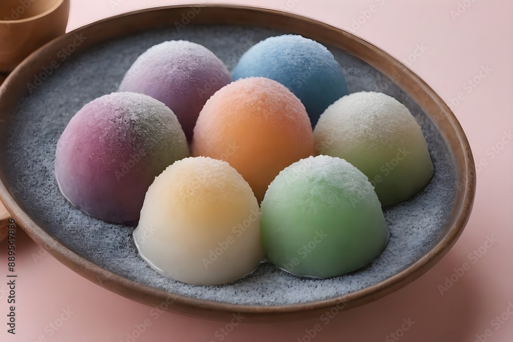 Japanese ice cream Mochi in rice dough. Traditional Japanese dessert on a light background. Selective focus Japanese ice cream Mochi in rice dough. Traditional Japanese dessert on a light background. Selective focus