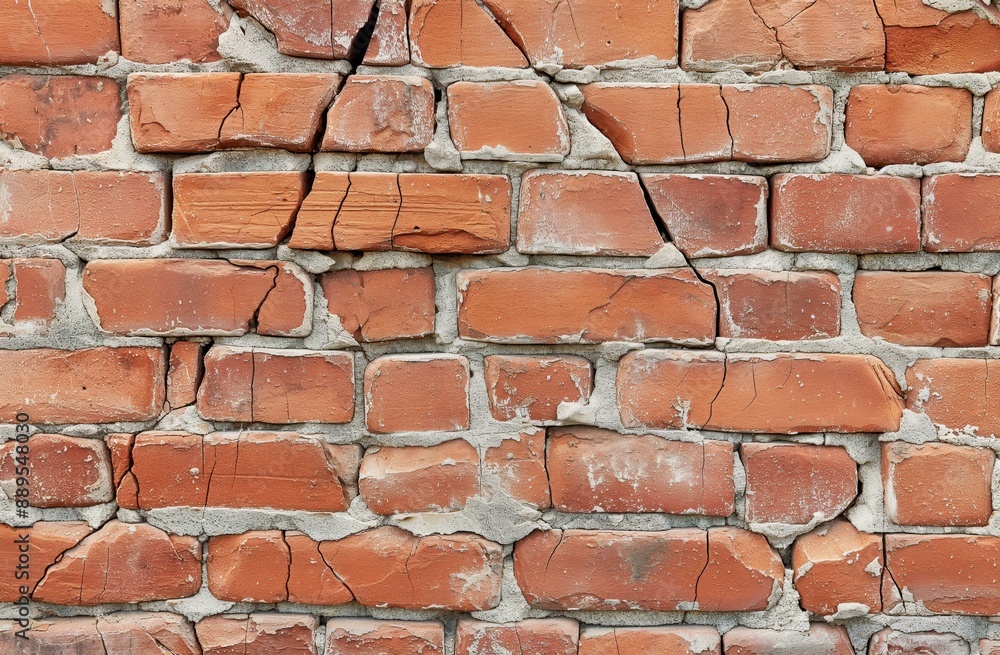 Close-up of a red brick wall with cracks in the center and throughout the structure. Close-up of a red brick wall with cracks in the center and throughout the structure.
