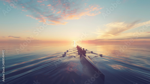 Fototapeta Naklejka Na Ścianę i Meble -  Rowers glide across a serene lake at sunset, their synchronized movements reflecting on the calm water under a pastel-colored sky.