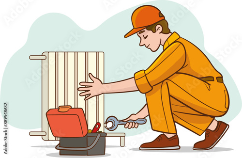 Installing the water heater radiator. Radiator water cleaning. Preparation for winter.Workman repairing radiator. House fixing handyman, renovation service vector illustration