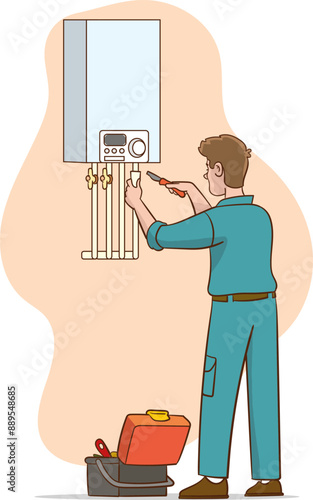 Plumber worker cartoon character in uniform repairing broken gas boiler water heater with tools