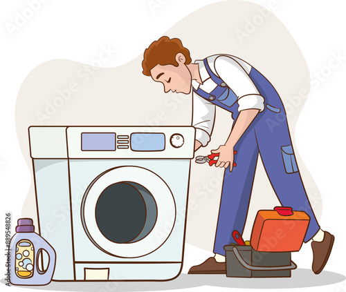 Master with set of professional tools repairs a washing machine. Washing machines repair service. Man character in uniform and washing machine with a breakdown. Vector illustration