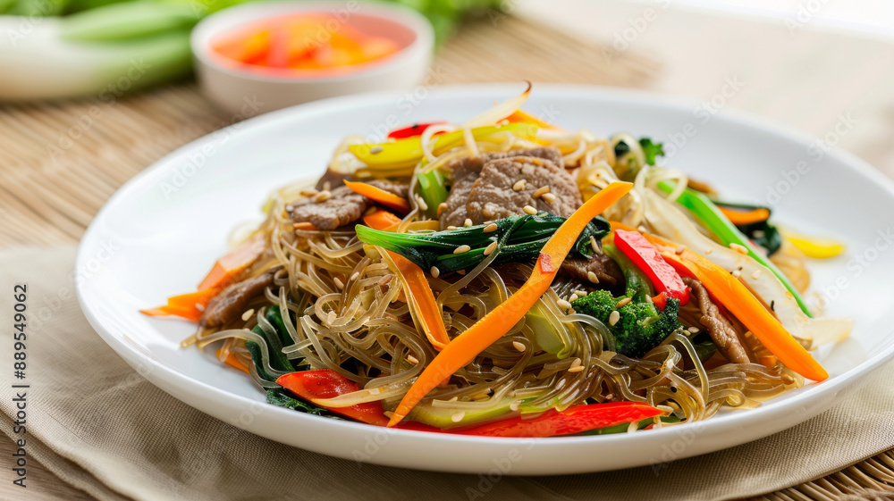 A delicious plate of stir-fried glass noodles with vibrant vegetables and tender meat, served on a white plate with a side dish in the background. A delicious plate of stir-fried glass noodles with vibrant vegetables and tender meat, served on a white plate with a side dish in the background.