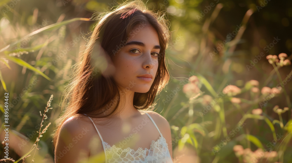 A young woman in a sunlit meadow, softly gazing towards the camera, surrounded by tall grass and delicate wildflowers, exuding natural beauty and serenity. A young woman in a sunlit meadow, softly gazing towards the camera, surrounded by tall grass and delicate wildflowers, exuding natural beauty and serenity.