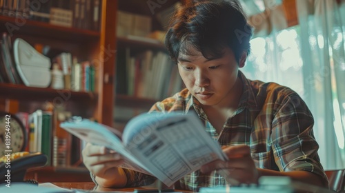 Asian man is using a calculator to calculate his family's monthly miscellaneous expenses at his home photo