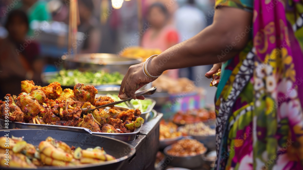 A vibrant street food stall with colorful, spicy dishes being served by a woman in traditional attire, capturing the bustling ambiance of a busy market. A vibrant street food stall with colorful, spicy dishes being served by a woman in traditional attire, capturing the bustling ambiance of a busy market.