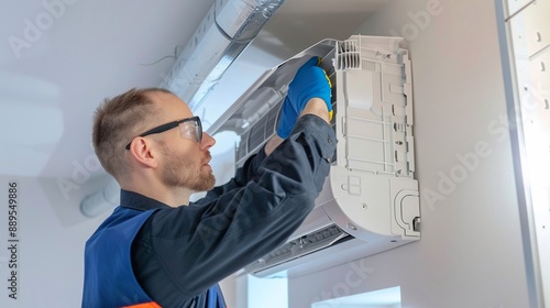 Skilled technician in uniform carefully installs modern air conditioning unit on white wall, ensuring comfort and climate control for indoor spaces.