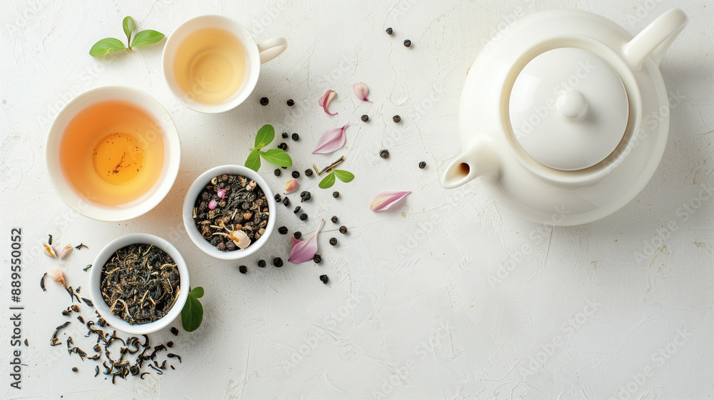 A white tea pot sits on a table with three white cups and a bowl of tea leaves A white tea pot sits on a table with three white cups and a bowl of tea leaves