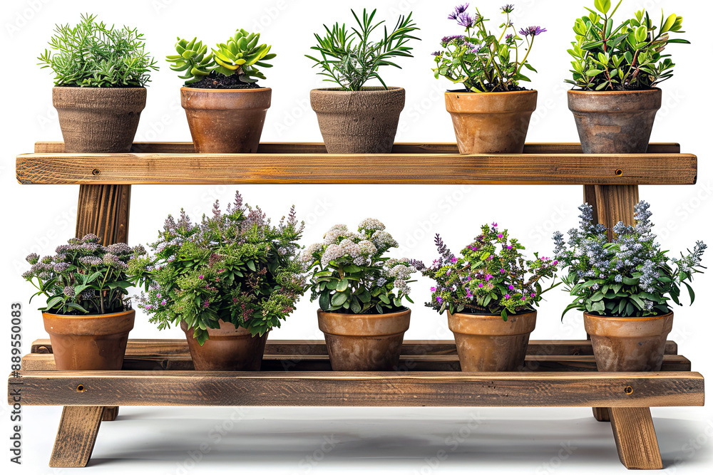 plants on clay pots on wooden plant shelves or racks isolated on white background plants on clay pots on wooden plant shelves or racks isolated on white background