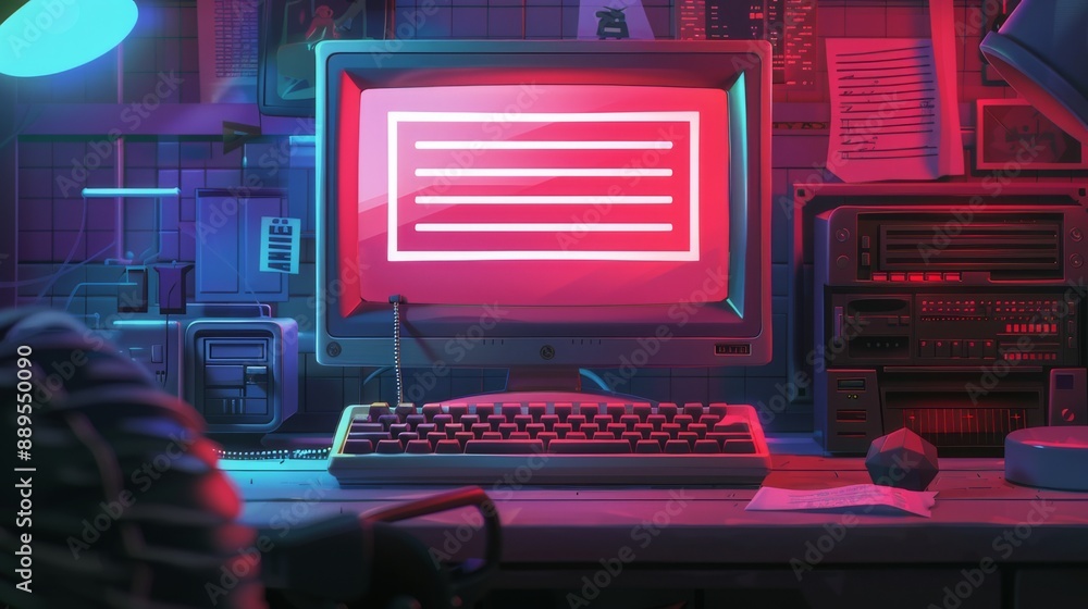 Retro Computer Workstation with Neon Lights. Retro Computer Workstation with Neon Lights.