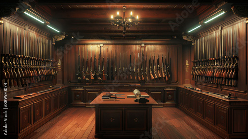 A classic gun room with elegant wood paneling houses an impressive array of historical and modern firearms, displayed on the walls and a central wooden table under warm lighting. photo