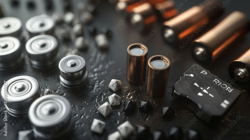 A detailed close-up of batteries, capacitors, and small metallic objects on a textured surface, showcasing industrial precision and technological elegance. A detailed close-up of batteries, capacitors, and small metallic objects on a textured surface, showcasing industrial precision and technological elegance.