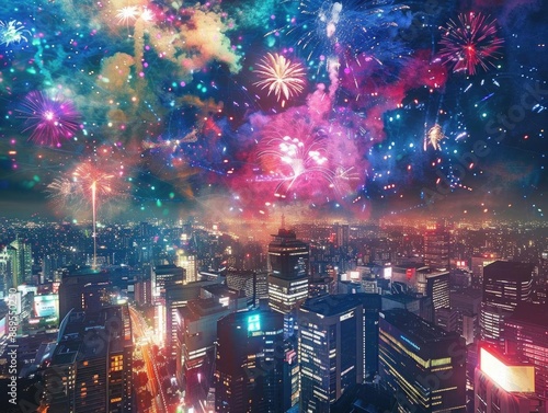 High-detail digital art of a vibrant firework display above a bustling cityscape, diverse colors illuminating the night sky