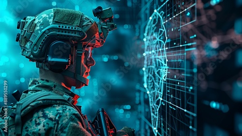 Futuristic soldier analyzing holographic data in neon-lit cyberpunk setting, merging military technology with advanced digital interfaces. photo