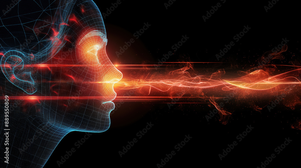 Digital representation of a human head with glowing lines and particles ...