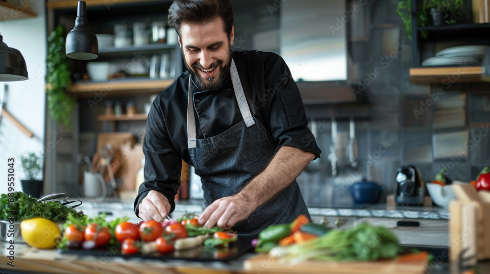 Fototapeta premium male chef in an apron is preparing vegetables on the kitchen counter.