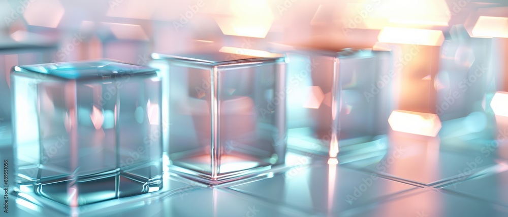 Abstract image featuring glass cubes with reflective surfaces and a soft focus, illuminated by colorful bokeh lights in the background. Abstract image featuring glass cubes with reflective surfaces and a soft focus, illuminated by colorful bokeh lights in the background.