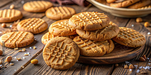 Vibrant, soft-focused, golden-brown peanut butter cookies with crisscross patterns and scattered peanut bits sit on a rustic wooden table, surrounded by warm, cozy atmosphere.