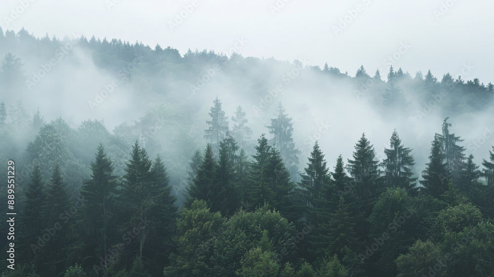 Dense forest trees emerge through a thick mist, creating an eerie yet captivating view of nature's quiet solitude. Dense forest trees emerge through a thick mist, creating an eerie yet captivating view of nature's quiet solitude.