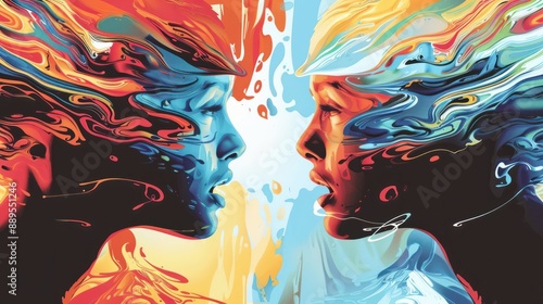 Plakat w ramie Colorful abstract illustration of two people confrontation. Debate, Arguing concept. Generative AI illustration