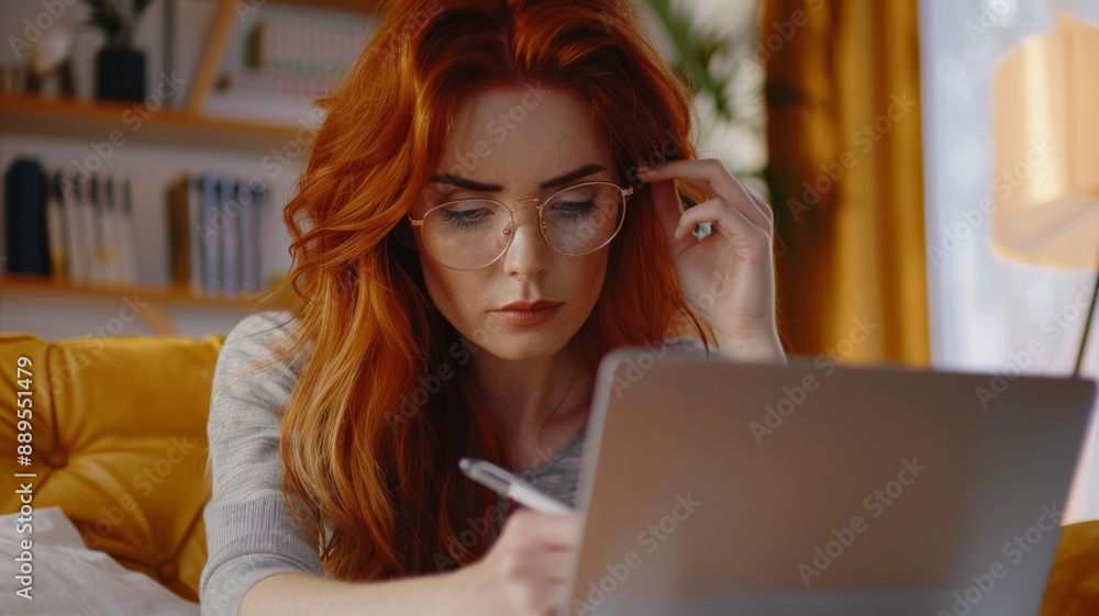 Young woman with red hair and glasses concentrates on writing on her tablet in a warm, cozy home setting with shelves and plants in the background. Young woman with red hair and glasses concentrates on writing on her tablet in a warm, cozy home setting with shelves and plants in the background.