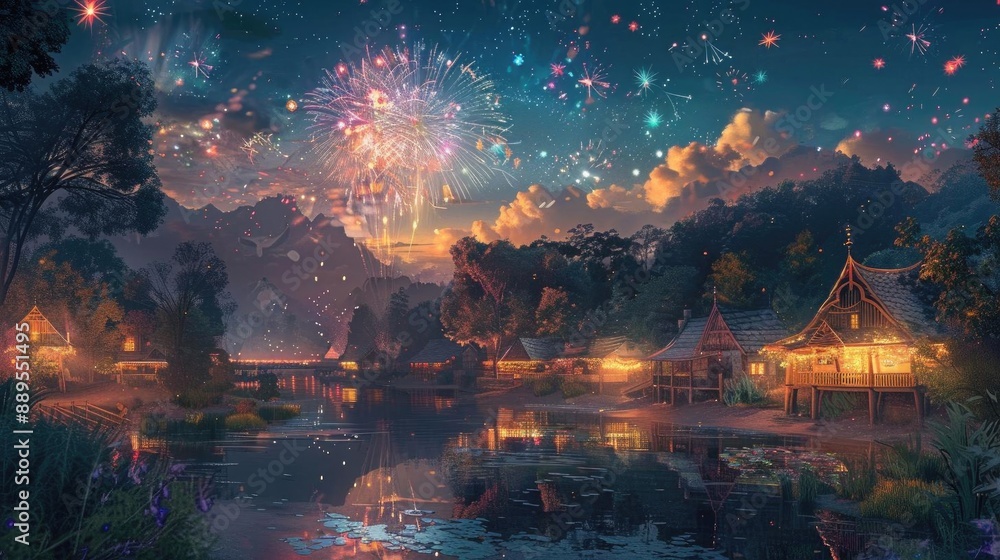 Artistic portrayal of a firework display over a tranquil village, diverse colors illuminating the night, high-detail textures