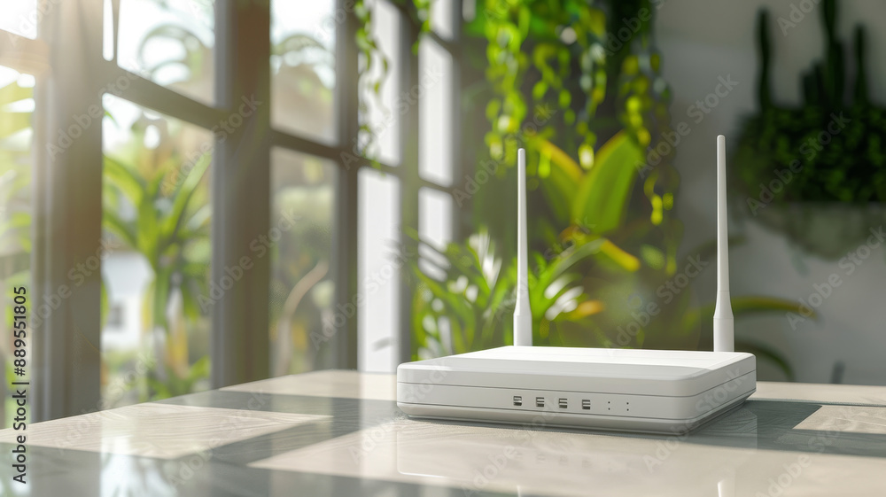 A modern wireless router sits elegantly on a sunlit table, surrounded by lush, green plants, in a serene, well-lit room with large windows. A modern wireless router sits elegantly on a sunlit table, surrounded by lush, green plants, in a serene, well-lit room with large windows.