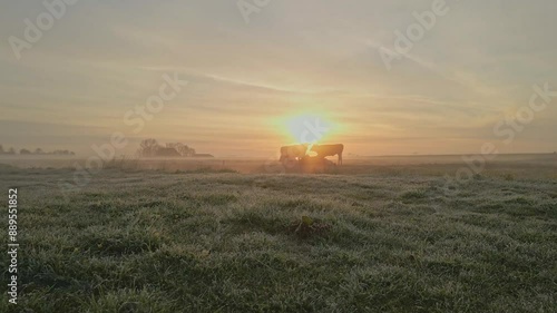 Aerial view of serene misty meadow with grazing cow at sunrise, Exmorra, Friesland, Netherlands. photo