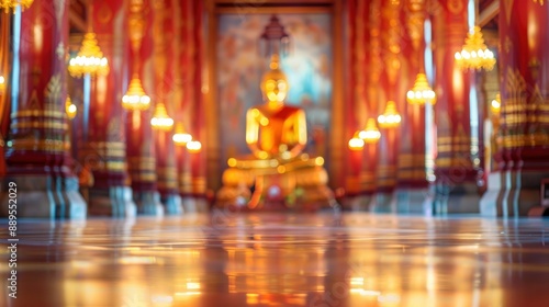 Blurred Buddhist temple interior with no people, classical interior, light colors, background, wallpaper 