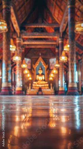 Blurred Buddhist temple interior with no people, classical interior, light colors, background, wallpaper