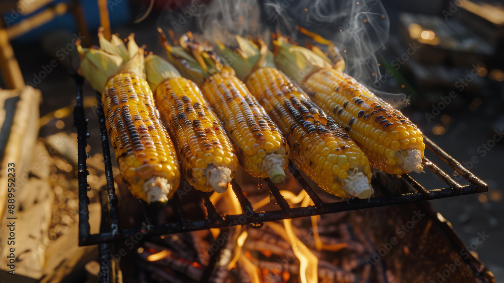 Five grilled corn cobs with char marks, resting on a grill over smoldering coals, emitting a delicious smoky aroma and inviting summer cookout vibes. Five grilled corn cobs with char marks, resting on a grill over smoldering coals, emitting a delicious smoky aroma and inviting summer cookout vibes.