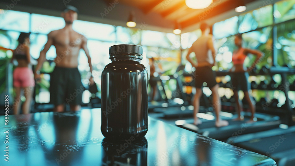 a blank black supplement bottle at a gym. a blank black supplement bottle at a gym.