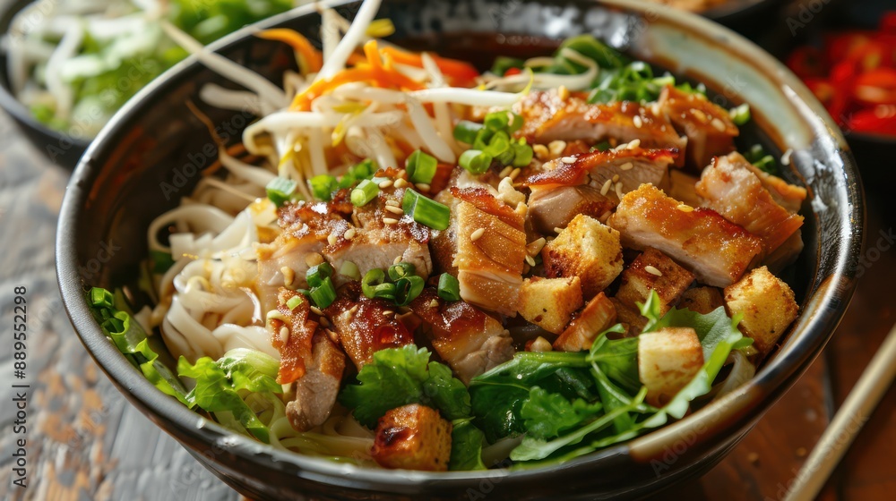 A bowl of cao lau noodles with pork, fresh greens, and crispy croutons A bowl of cao lau noodles with pork, fresh greens, and crispy croutons