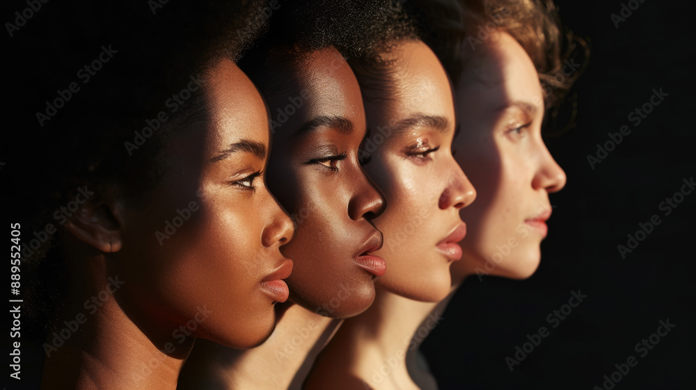 Four women in a row, showcasing diverse beauty and unity in a profile view against a contrasting dark background. Four women in a row, showcasing diverse beauty and unity in a profile view against a contrasting dark background.