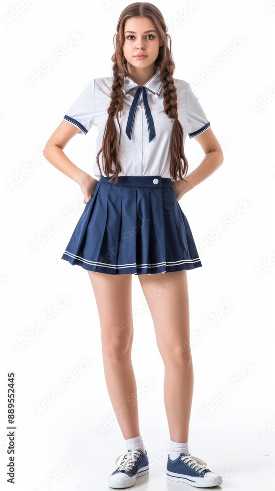 Teen girl stands in white shirt and blue skirt with hands on hips Teen girl stands in white shirt and blue skirt with hands on hips