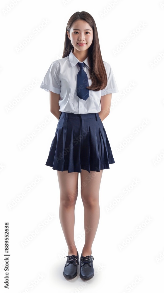Young woman in school uniform confidently smiles with clasped hands Young woman in school uniform confidently smiles with clasped hands