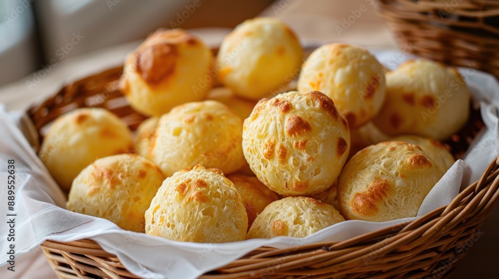 A basket of pão de queijo, Brazilian cheese bread, fresh out of the oven A basket of pão de queijo, Brazilian cheese bread, fresh out of the oven