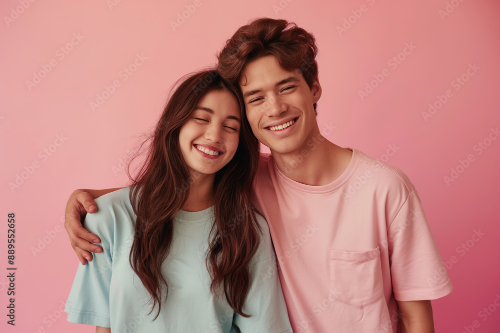 young couple, casual clothes, happy, against studio background young couple, casual clothes, happy, against studio background