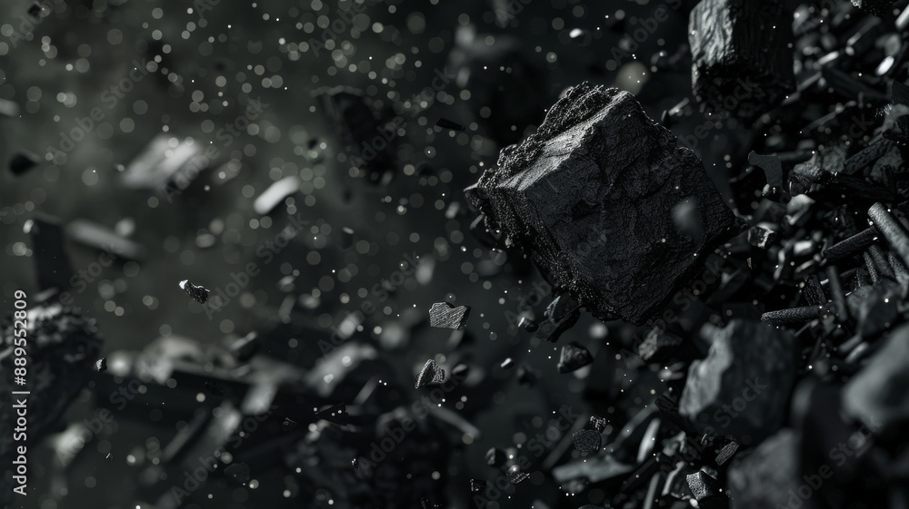 Close-up of dark, fragmented rocks floating in space, surrounded by dust particles and dynamic lighting, evoking a sense of chaos and mystery. Close-up of dark, fragmented rocks floating in space, surrounded by dust particles and dynamic lighting, evoking a sense of chaos and mystery.