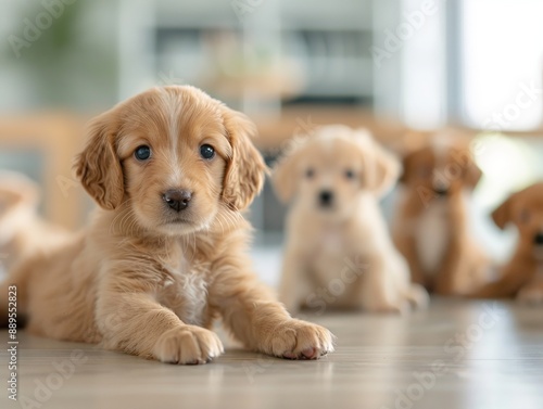 Adorable golden retriever puppies sitting on the floor with blurred background, looking curious and playful.