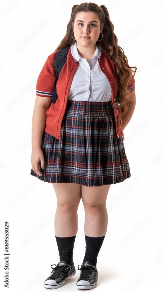 A young woman in a school uniform stands with a confident pose A young woman in a school uniform stands with a confident pose