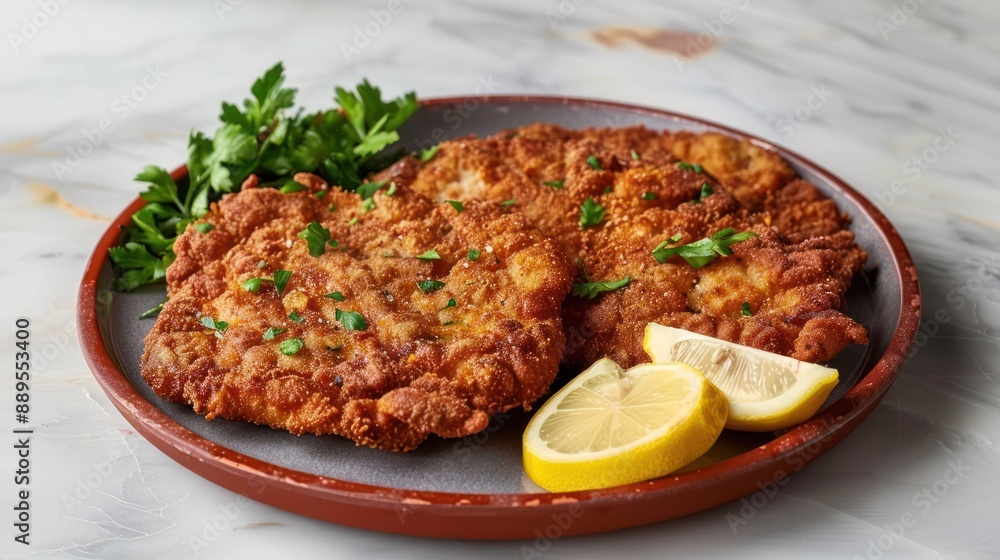 A plate of milanesa, breaded and fried meat cutlets, served with lemon wedges A plate of milanesa, breaded and fried meat cutlets, served with lemon wedges
