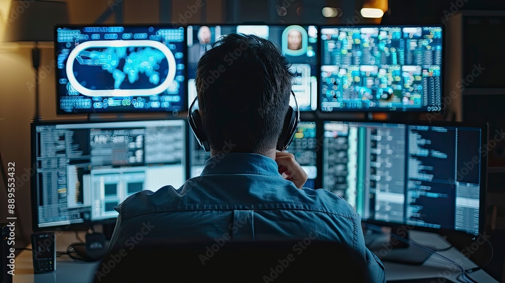 Close-up of a cybersecurity expert analyzing network security breaches on multiple computer screens Close-up of a cybersecurity expert analyzing network security breaches on multiple computer screens