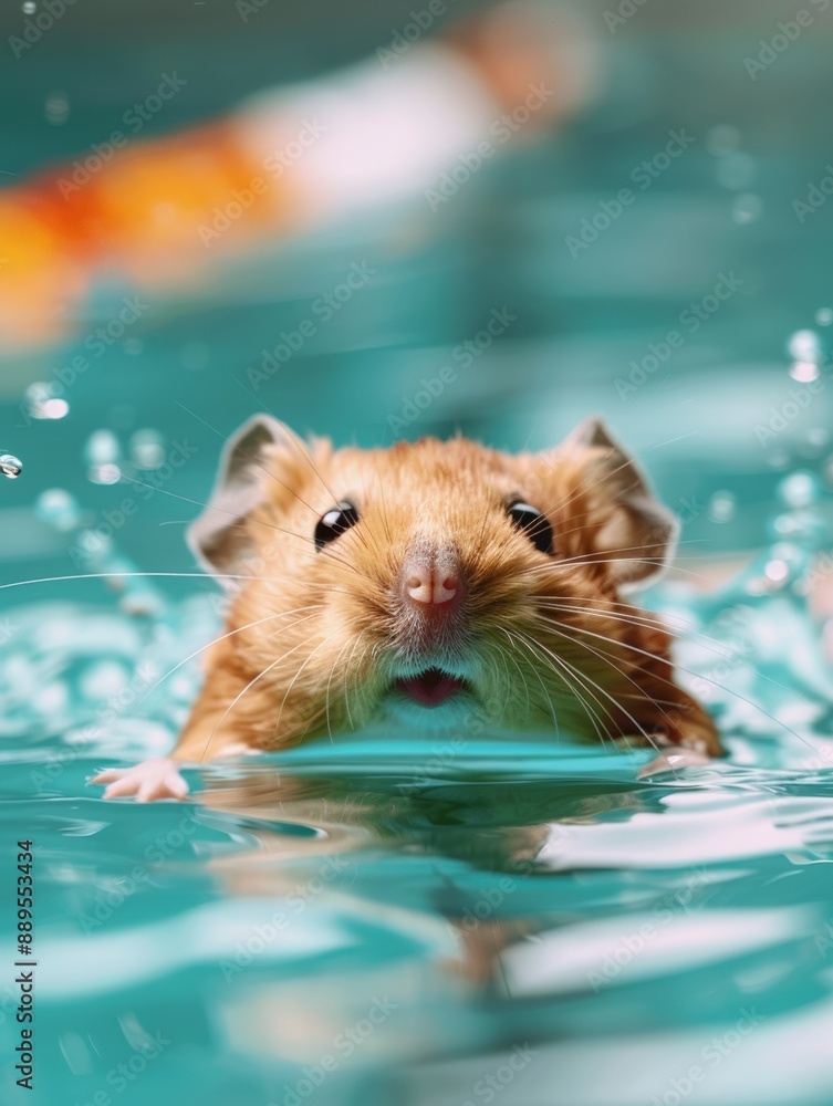 Adorable hamster swimming in clear blue water, showcasing its tiny paws and cute face. Perfect for pet care and animal behavior themes. Adorable hamster swimming in clear blue water, showcasing its tiny paws and cute face. Perfect for pet care and animal behavior themes.